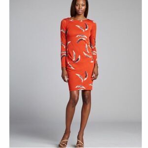Yoana Baraschi Dreamweaver Orange Red Feather Print Keyhole Back Dress